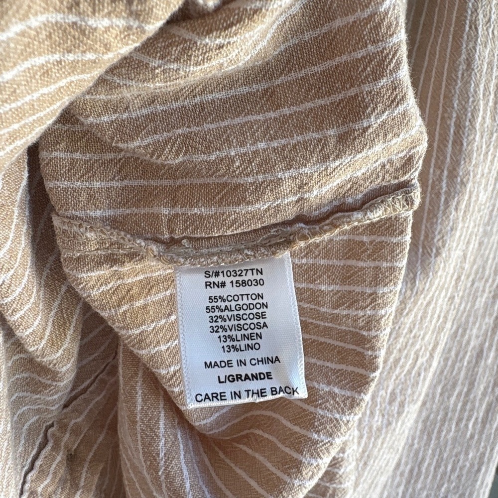 Striped Women L Button Boho Tan White Linen Blend Long Sleeve Coastal Granola - Picture 4 of 7